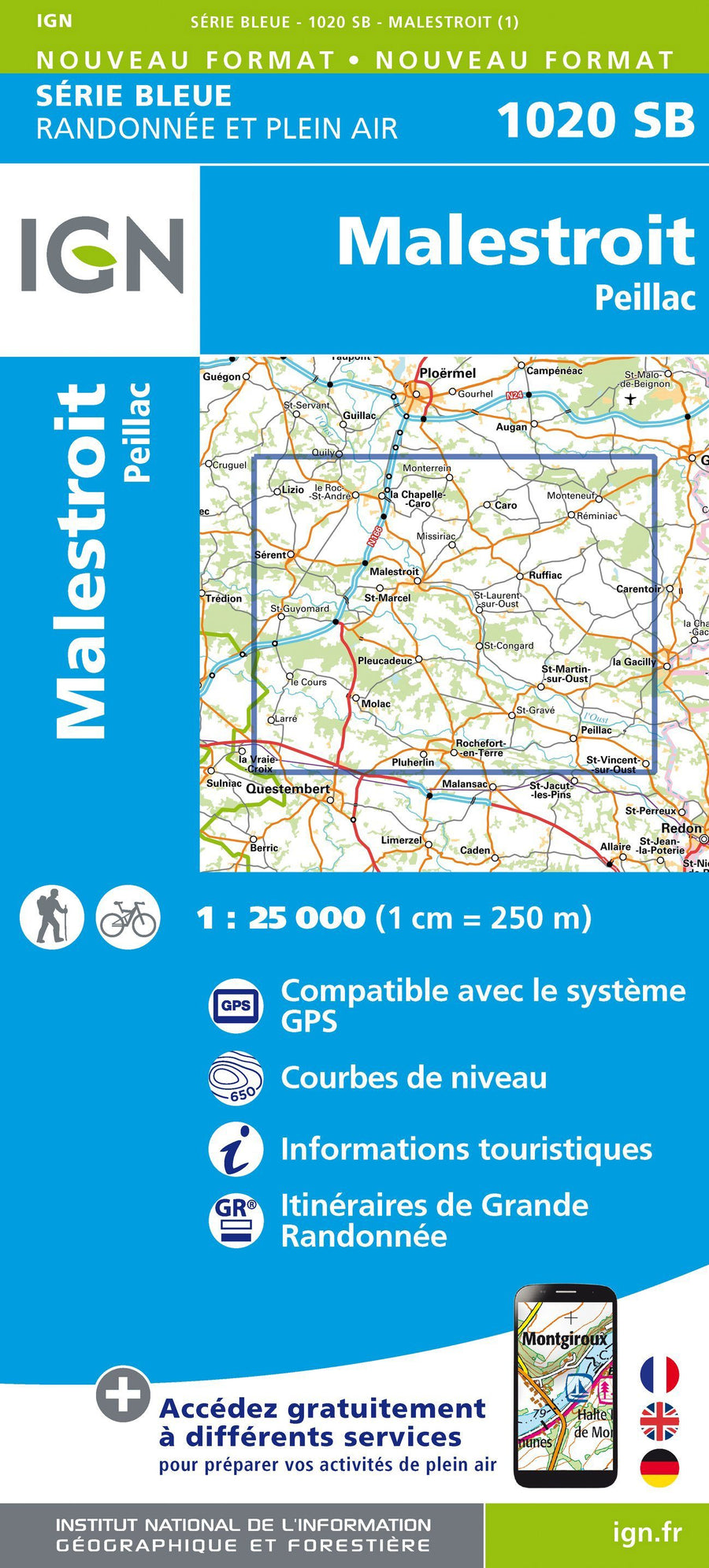 Carte de randonnée n° 1020 - Malestroit, Peillac | IGN - Série Bleue carte pliée IGN 