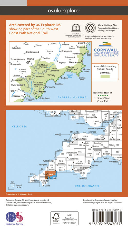 Carte de randonnée n° 105 - Falmouth, Mevagissey | Ordnance Survey - Explorer carte pliée Ordnance Survey Papier 