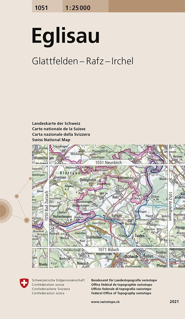 Carte de randonnée n° 1051 - Eglisau (Suisse) | Swisstopo - 1/25 000 carte pliée Swisstopo 