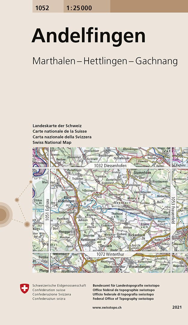 Carte de randonnée n° 1052 - Andelfingen (Suisse) | Swisstopo - 1/25 000 carte pliée Swisstopo 