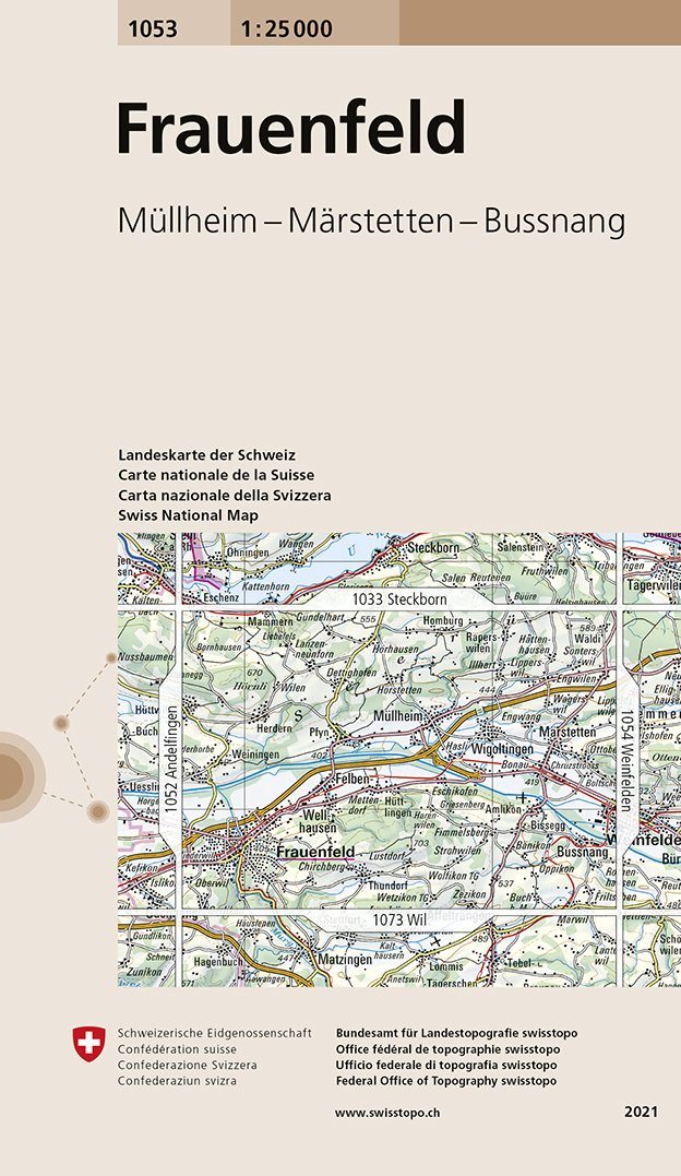Carte de randonnée n° 1053 - Frauenfeld (Suisse) | Swisstopo - 1/25 000 carte pliée Swisstopo 