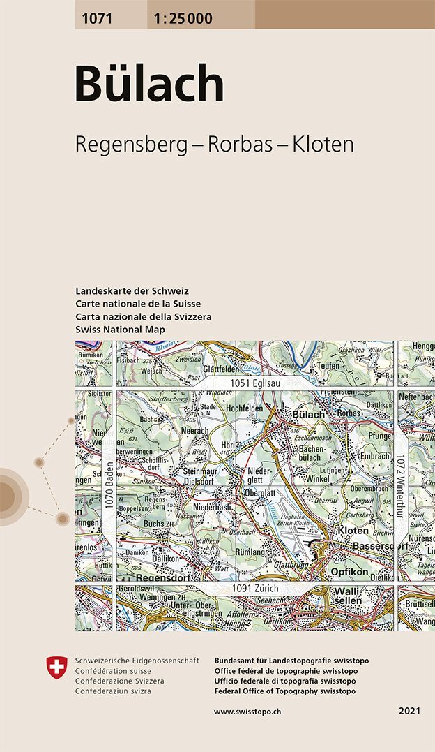 Carte de randonnée n° 1071 - Bülach (Suisse) | Swisstopo - 1/25 000 carte pliée Swisstopo 