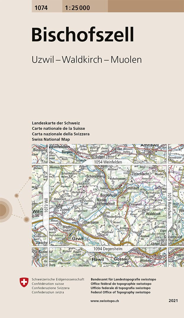 Carte de randonnée n° 1074 - Bischoszell (Suisse) | Swisstopo - 1/25 000 carte pliée Swisstopo 