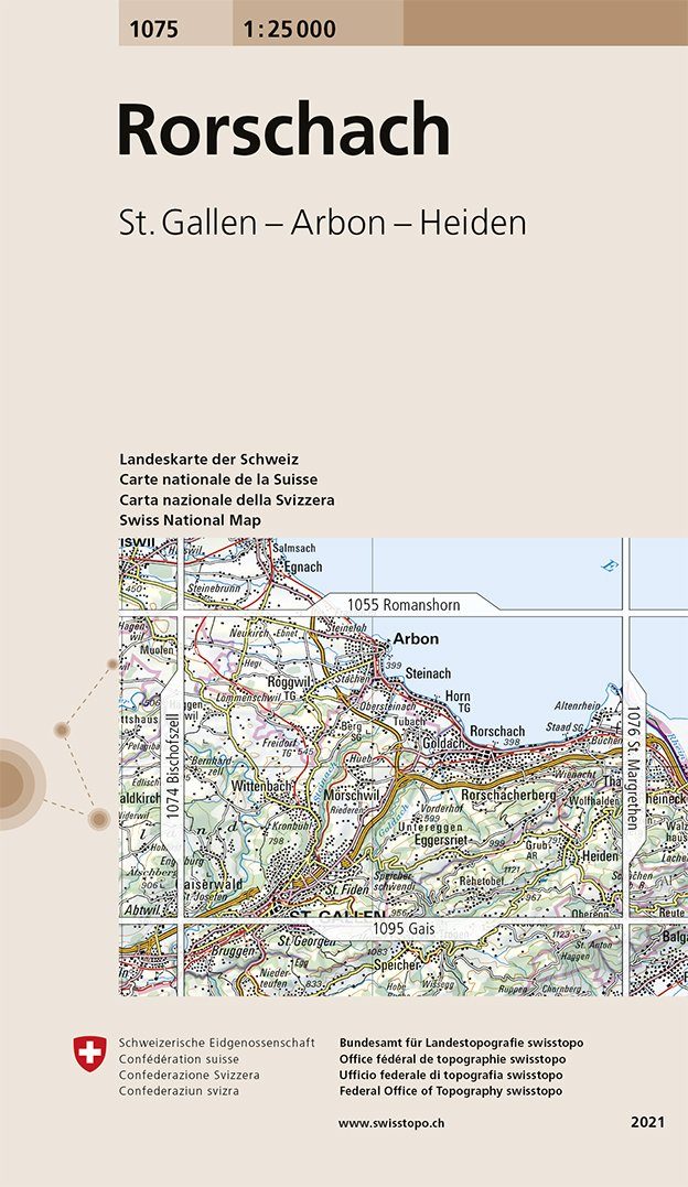 Carte de randonnée n° 1075 - Rorschach (Suisse) | Swisstopo - 1/25 000 carte pliée Swisstopo 