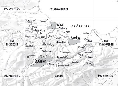 Carte de randonnée n° 1075 - Rorschach (Suisse) | Swisstopo - 1/25 000 carte pliée Swisstopo 