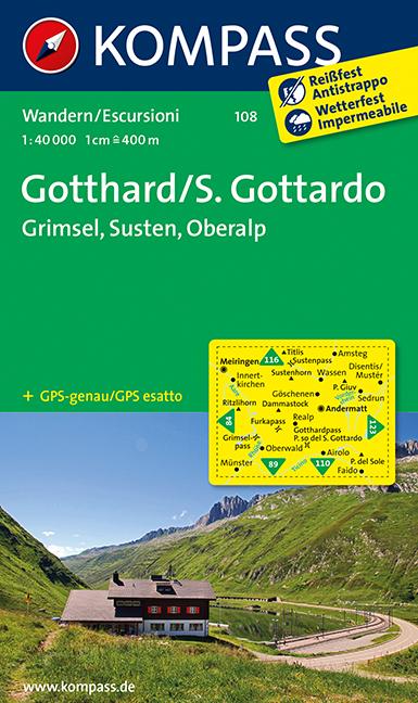 Carte de randonnée n° 108 - Gotthard, Grimse, Susten, Oberalp (Suisse) | Kompass carte pliée Kompass 