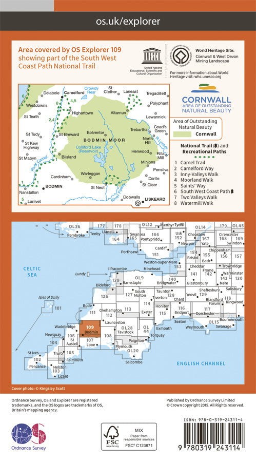 Carte de randonnée n° 109 - Bodmin Moor (Grande Bretagne) | Ordnance Survey - Explorer carte pliée Ordnance Survey Papier 