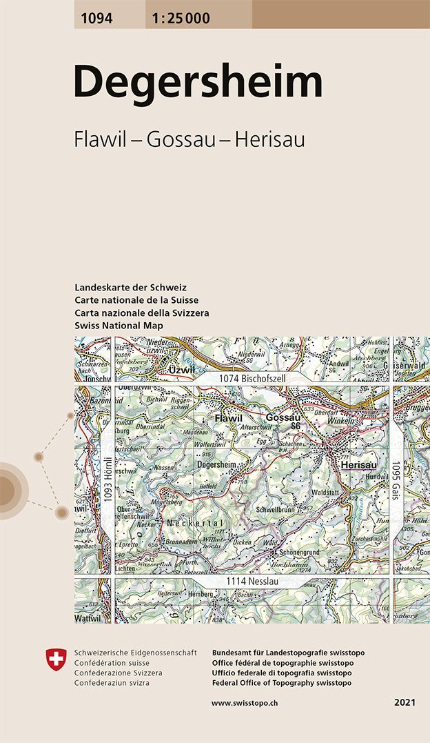 Carte de randonnée n° 1094 - Degersheim (Suisse) | Swisstopo - 1/25 000 carte pliée Swisstopo 