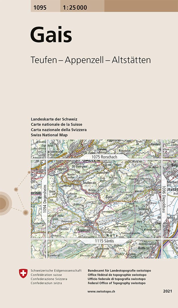Carte de randonnée n° 1095 - Gais (Suisse) | Swisstopo - 1/25 000 carte pliée Swisstopo 