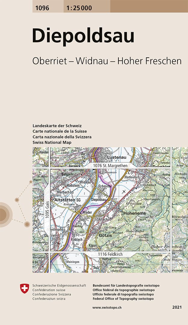 Carte de randonnée n° 1096 - Diepoldsau (Suisse) | Swisstopo - 1/25 000 carte pliée Swisstopo 