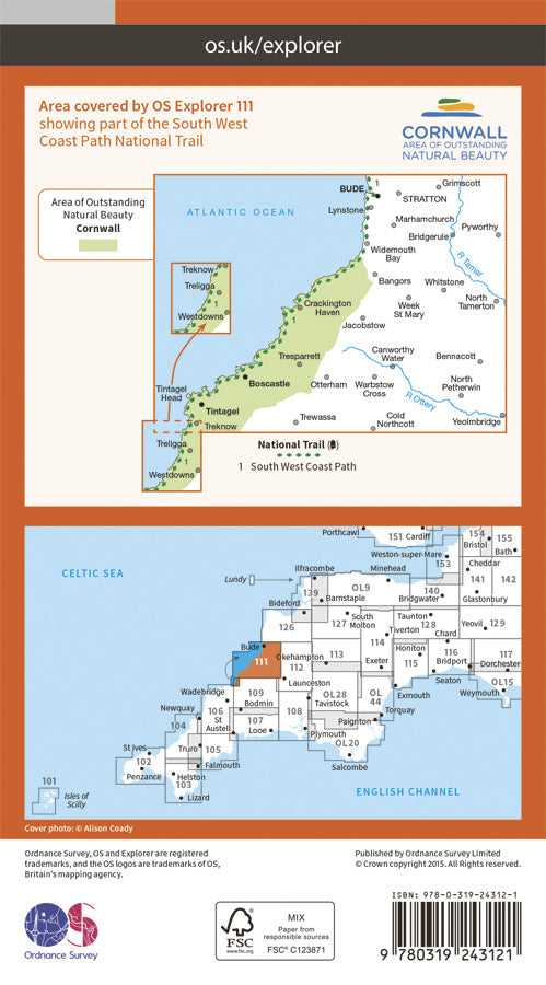 Carte de randonnée n° 111 - Bude, Boscastle, Tintagel (Grande Bretagne) | Ordnance Survey - Explorer carte pliée Ordnance Survey Papier 