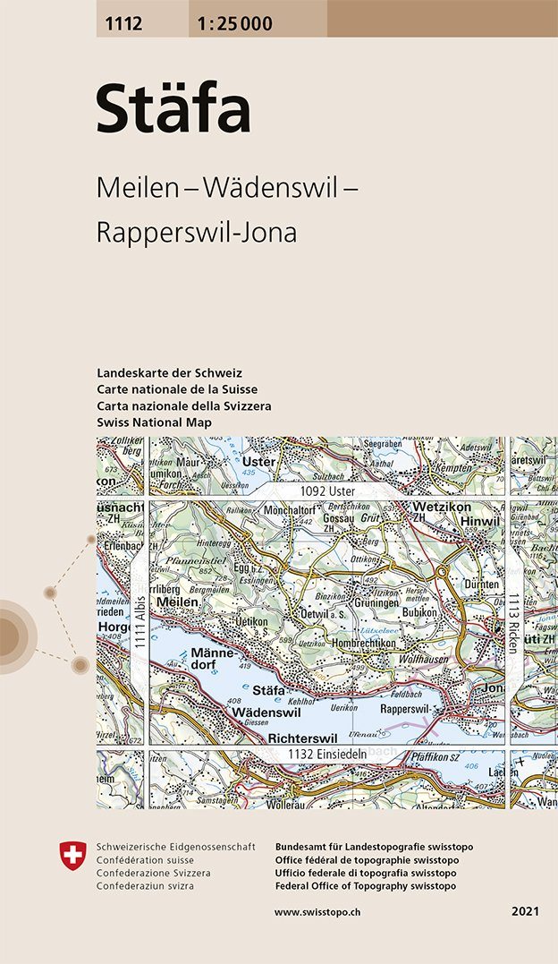 Carte de randonnée n° 1112 - Stäfa (Suisse) | Swisstopo - 1/25 000 carte pliée Swisstopo 