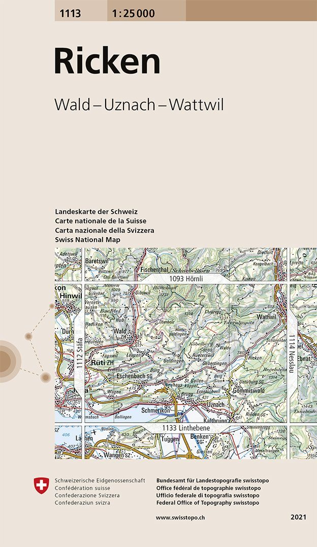 Carte de randonnée n° 1113 - Ricken (Suisse) | Swisstopo - 1/25 000 carte pliée Swisstopo 