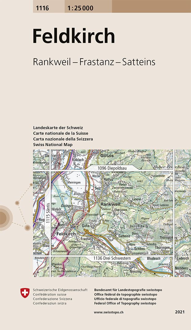 Carte de randonnée n° 1116 - Feldkirch (Suisse) | Swisstopo - 1/25 000 carte pliée Swisstopo 