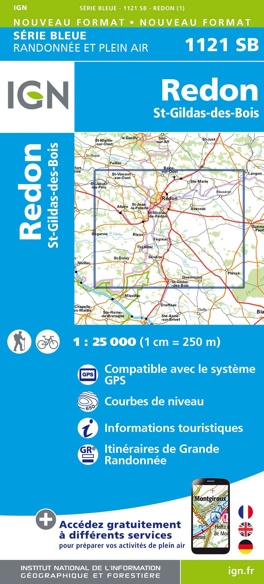 Carte de randonnée n° 1121 - Redon, St-Gildas-des-Bois | IGN - Série Bleue carte pliée IGN 