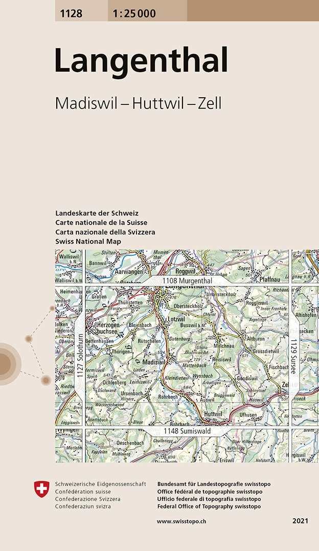 Carte de randonnée n° 1128 - Langenthal (Suisse) | Swisstopo - 1/25 000 carte pliée Swisstopo 