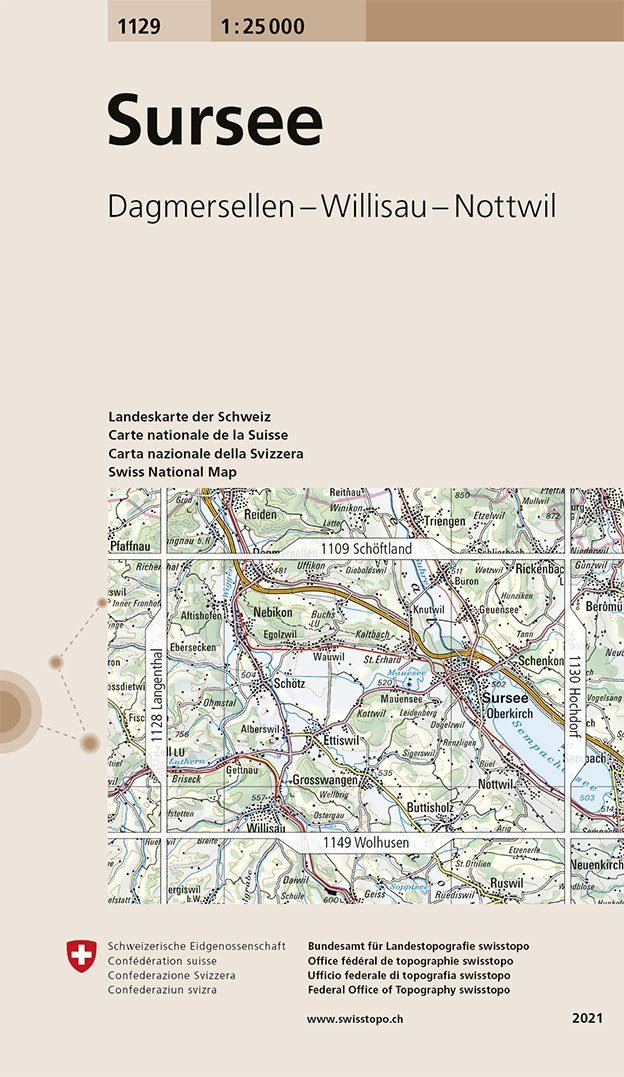 Carte de randonnée n° 1129 - Sursee (Suisse) | Swisstopo - 1/25 000 carte pliée Swisstopo 