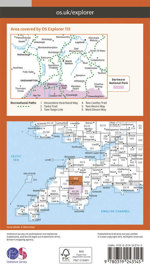 Carte de randonnée n° 113 - Okehampton (Grande Bretagne) | Ordnance Survey - Explorer carte pliée Ordnance Survey Papier 