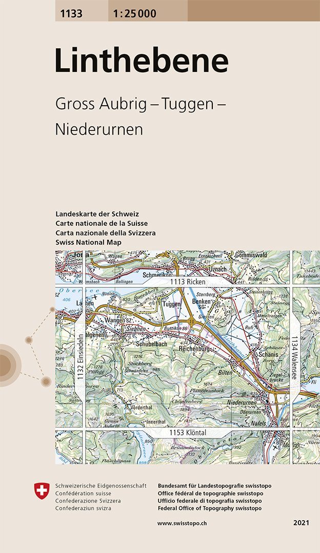 Carte de randonnée n° 1133 - Linthebene (Suisse) | Swisstopo - 1/25 000 carte pliée Swisstopo 