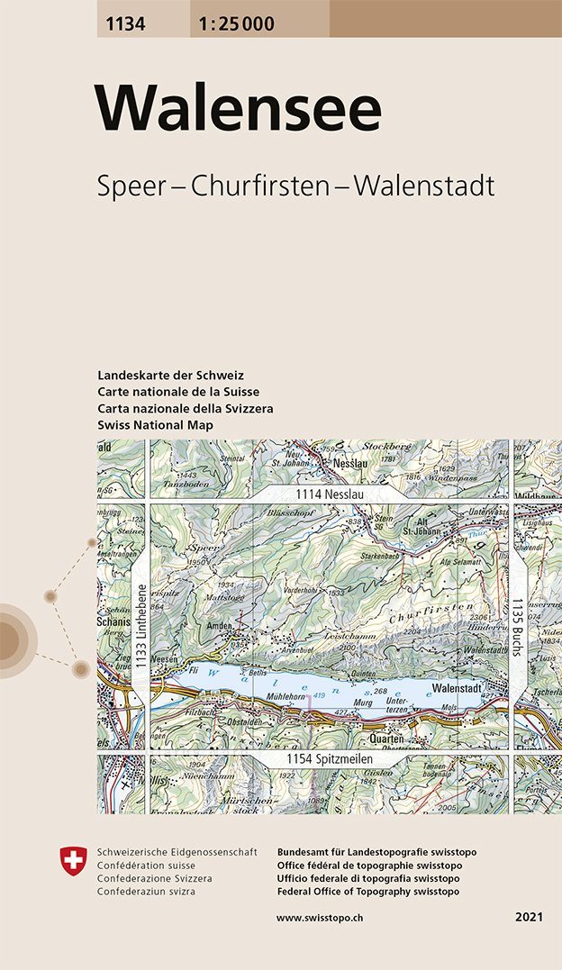 Carte de randonnée n° 1134 - Walensee (Suisse) | Swisstopo - 1/25 000 carte pliée Swisstopo 