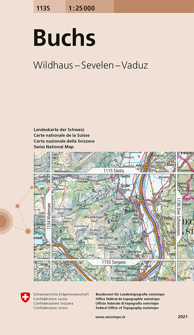 Carte de randonnée n° 1135 - Buchs (Suisse) | Swisstopo - 1/25 000 carte pliée Swisstopo 