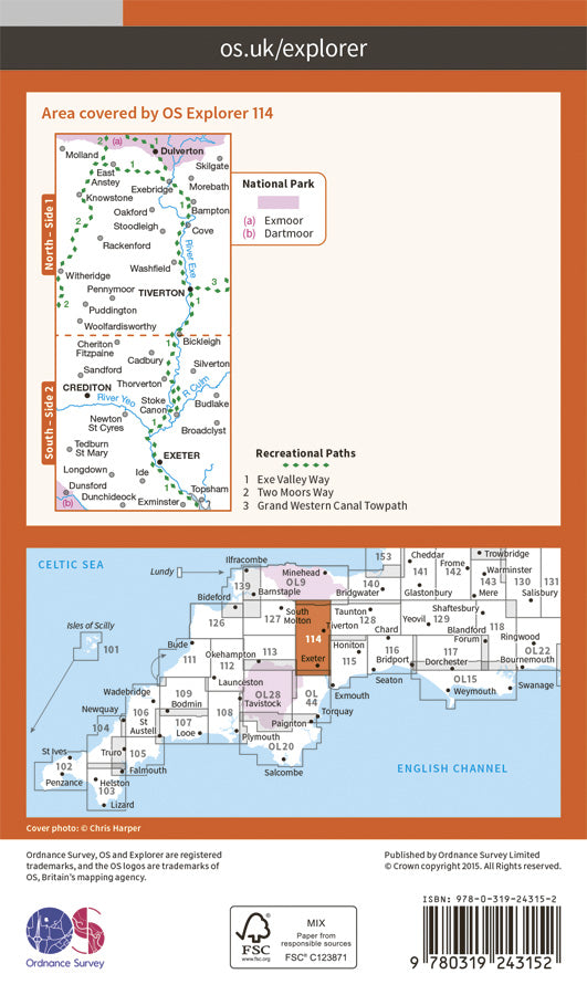 Carte de randonnée n° 114 - Exeter, Exe Valley (Grande Bretagne) | Ordnance Survey - Explorer carte pliée Ordnance Survey Papier 