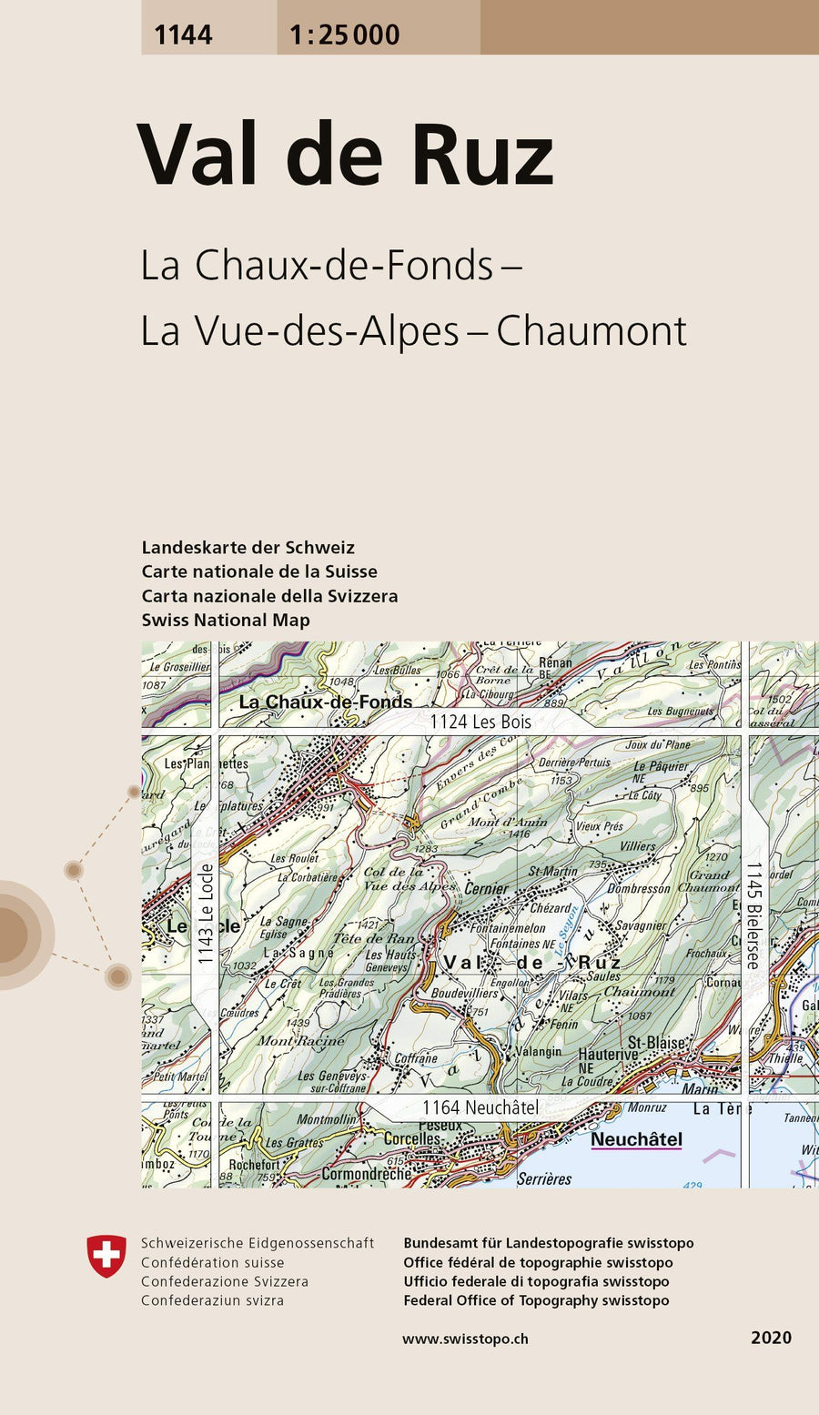 Carte de randonnée n° 1144 - Val de Ruz (Suisse) | Swisstopo - 1/25 000 carte pliée Swisstopo 