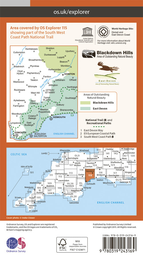 Carte de randonnée n° 115 - Exmouth, Sidmouth (Grande Bretagne) | Ordnance Survey - Explorer carte pliée Ordnance Survey Papier 
