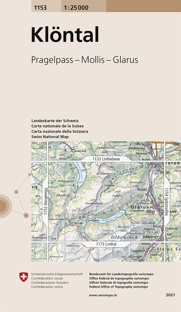 Carte de randonnée n° 1153 - Klontal (Suisse) | Swisstopo - 1/25 000 carte pliée Swisstopo 