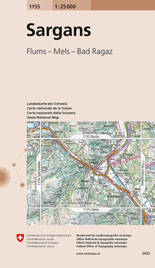 Carte de randonnée n° 1155 - Sargans (Suisse) | Swisstopo - 1/25 000 carte pliée Swisstopo 