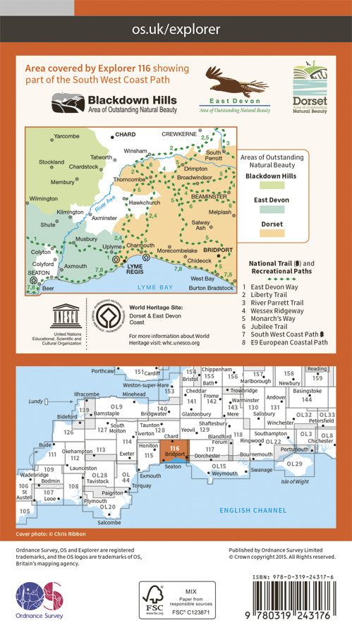 Carte de randonnée n° 116 - Lyme regis, Bridport (Grande Bretagne) | Ordnance Survey - Explorer carte pliée Ordnance Survey Papier 