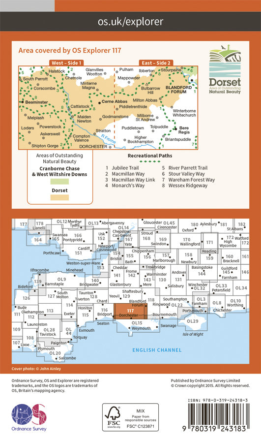 Carte de randonnée n° 117 - Cerne Abbas, Bere Regs (Grande Bretagne) | Ordnance Survey - Explorer carte pliée Ordnance Survey Papier 