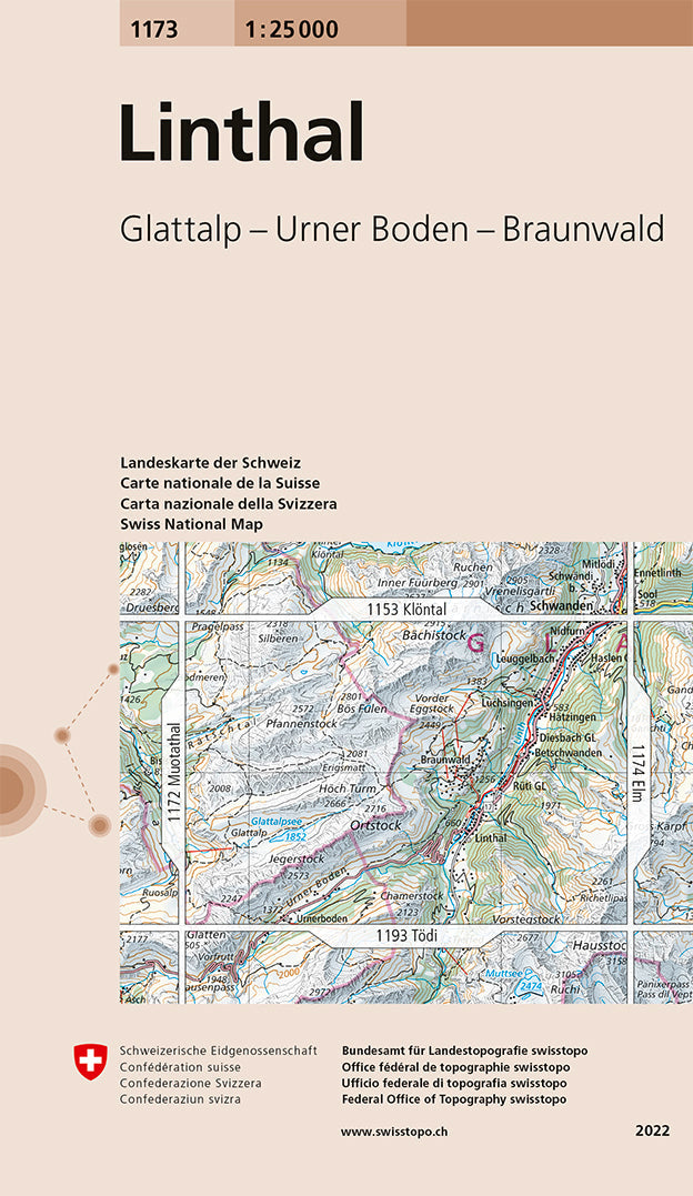 Carte de randonnée n° 1173 - Linthal (Suisse) | Swisstopo - 1/25 000 carte pliée Swisstopo 