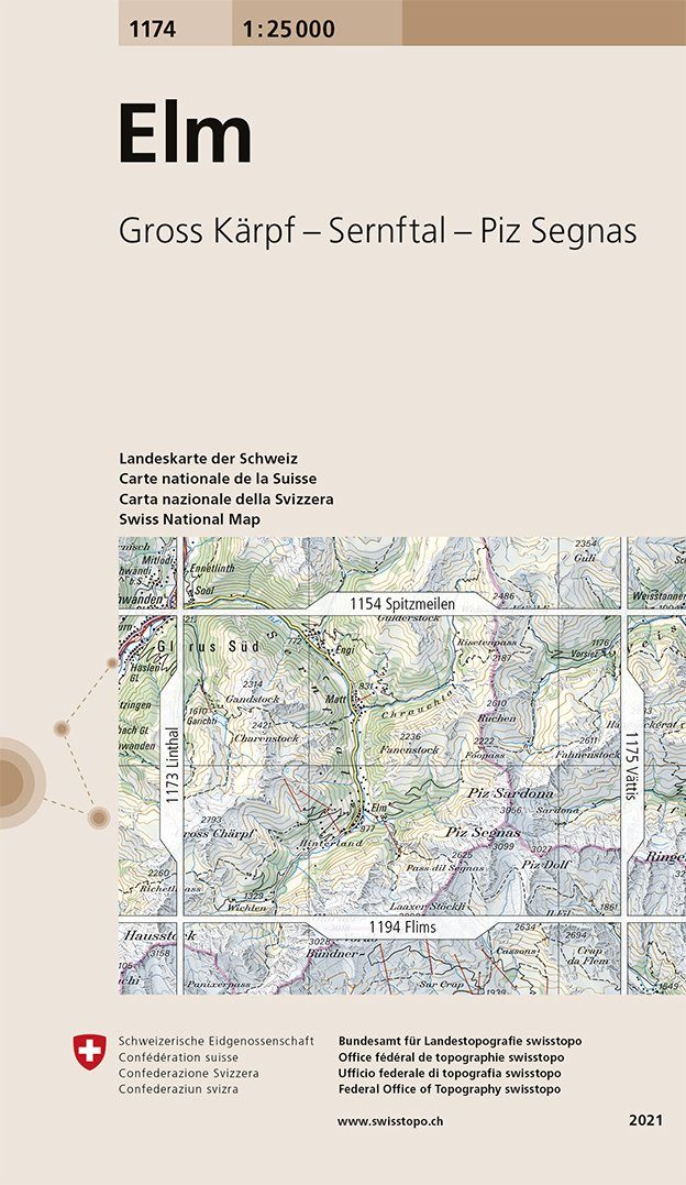 Carte de randonnée n° 1174 - Elm (Suisse) | Swisstopo - 1/25 000 carte pliée Swisstopo 