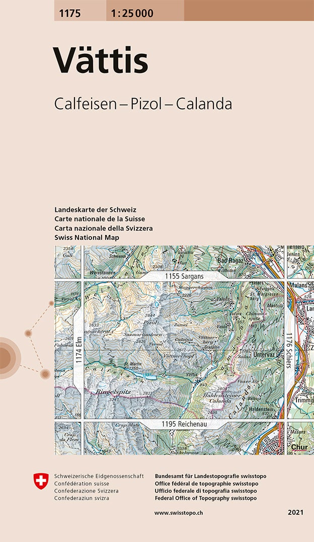 Carte de randonnée n° 1175 - Vättis (Suisse) | Swisstopo - 1/25 000 carte pliée Swisstopo 