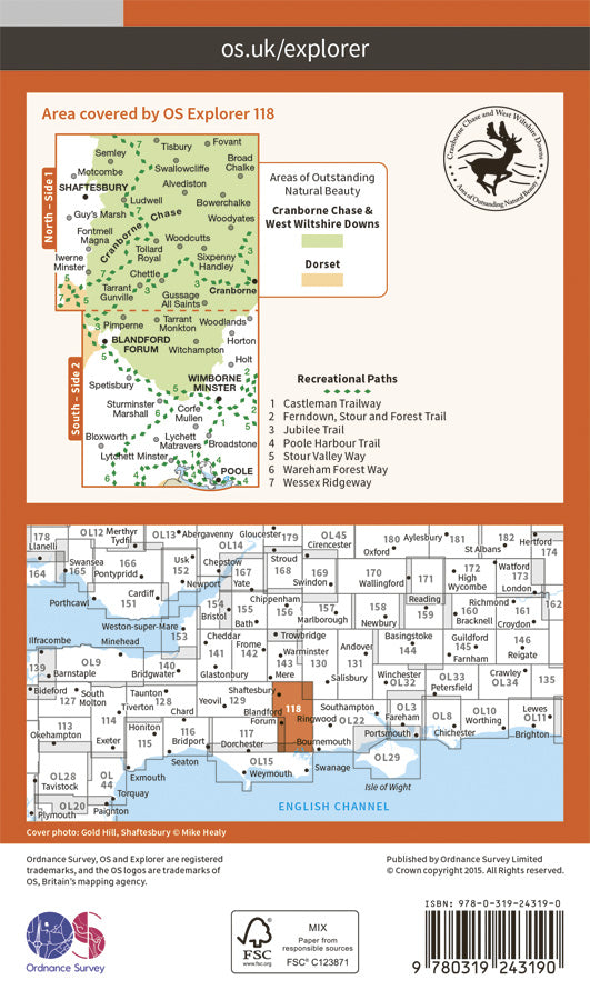 Carte de randonnée n° 118 - Shaftesbury, Cranborne Chase (Grande Bretagne) | Ordnance Survey - Explorer carte pliée Ordnance Survey Papier 