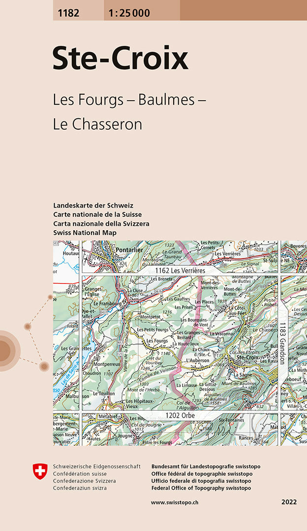Carte de randonnée n° 1182 - Ste Croix (Suisse) | Swisstopo - 1/25 000 carte pliée Swisstopo 
