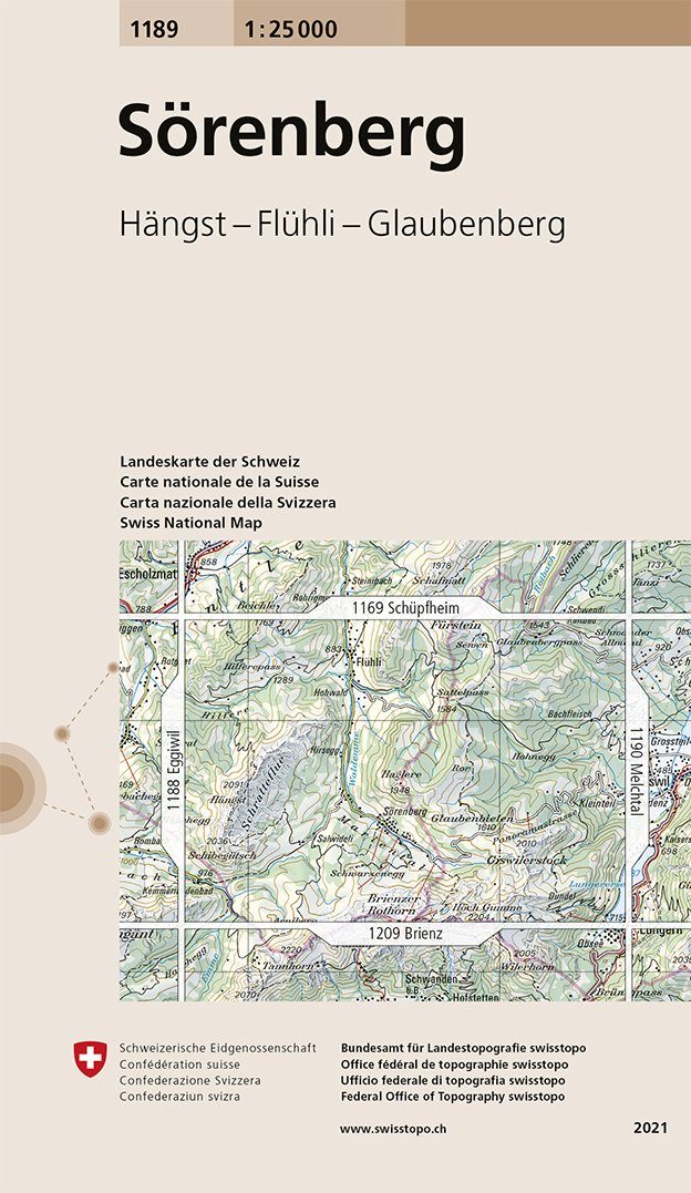 Carte de randonnée n° 1189 - Sörenberg (Suisse) | Swisstopo - 1/25 000 carte pliée Swisstopo 