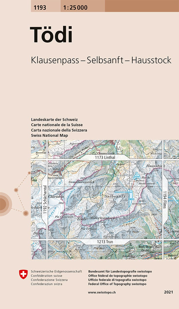 Carte de randonnée n° 1193 - Tödi (Suisse) | Swisstopo - 1/25 000 carte pliée Swisstopo 