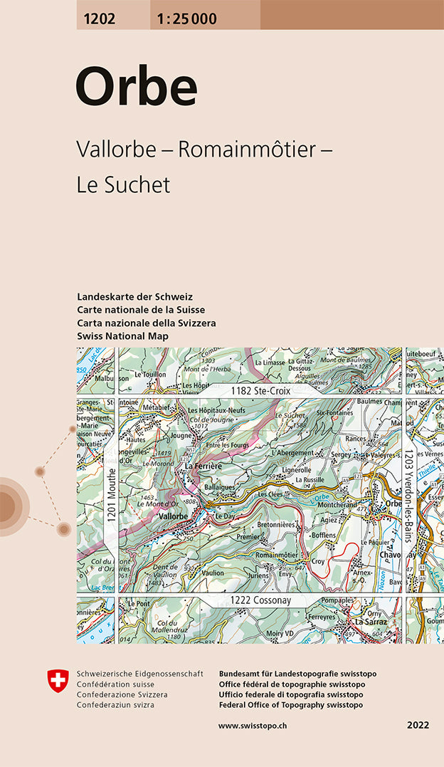 Carte de randonnée n° 1202 - Orbe (Suisse) | Swisstopo - 1/25 000 carte pliée Swisstopo 