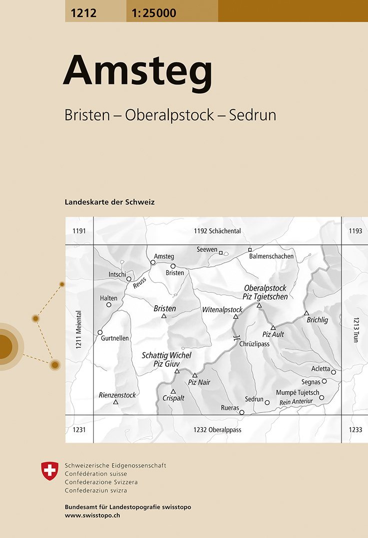 Carte de randonnée n° 1212 - Amsteg (Suisse) | Swisstopo - 1/25 000 carte pliée Swisstopo 