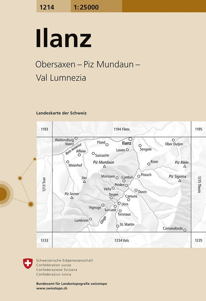 Carte de randonnée n° 1214 - Ilanz (Suisse) | Swisstopo - 1/25 000 carte pliée Swisstopo 