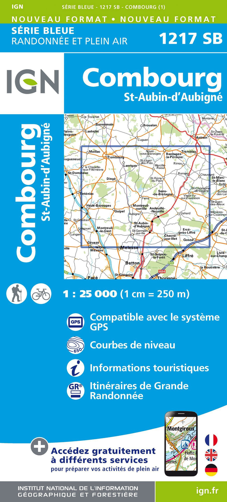 Carte de randonnée n° 1217 - Combourg, St-Aubin-d'Aubigné | IGN - Série Bleue carte pliée IGN 