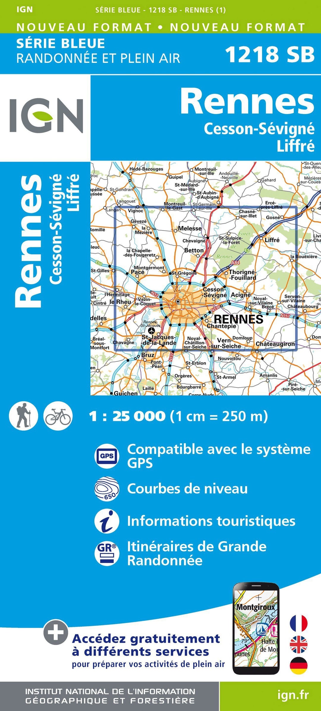 Carte de randonnée n° 1218 - Rennes, Cesson-Sévigné, Liffré | IGN - Série Bleue carte pliée IGN 