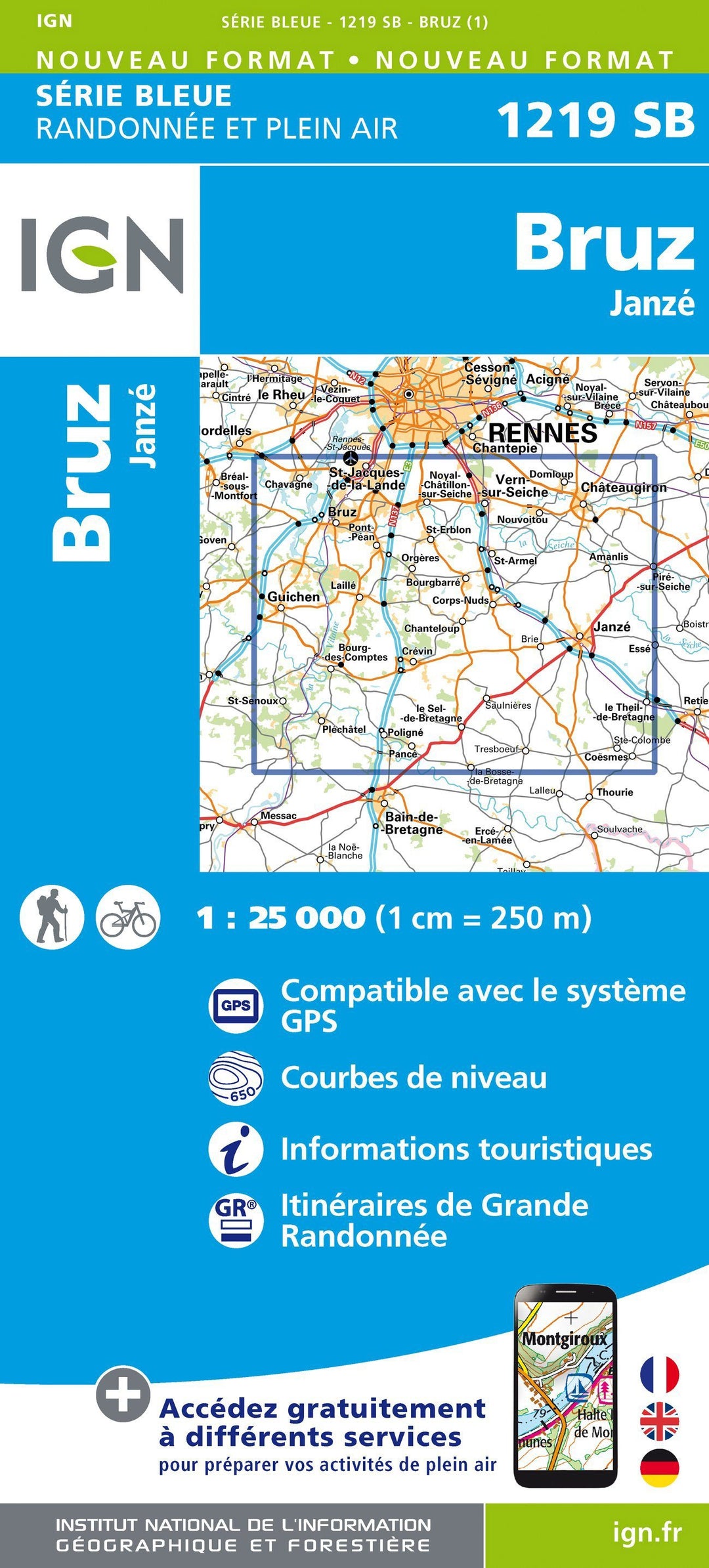Carte de randonnée n° 1219 - Bruz, Janzé | IGN - Série Bleue carte pliée IGN 