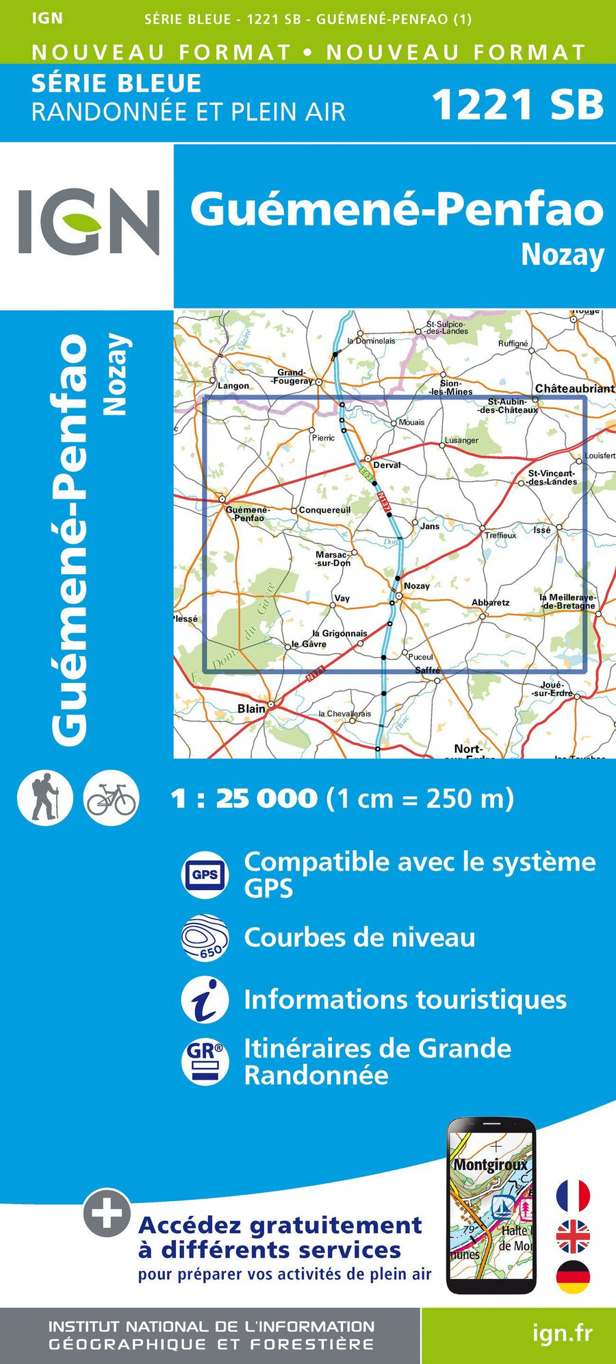 Carte de randonnée n° 1221 - Guémené, Penfao, Nozay | IGN - Série Bleue carte pliée IGN 