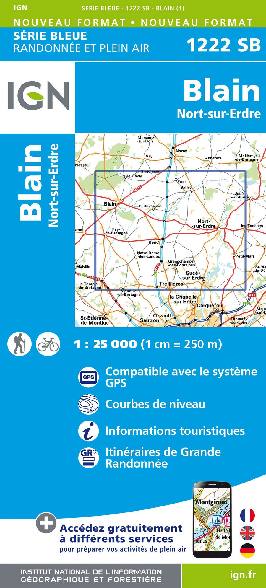Carte de randonnée n° 1222 - Blain, Nort-sur-Erdre | IGN - Série Bleue carte pliée IGN 