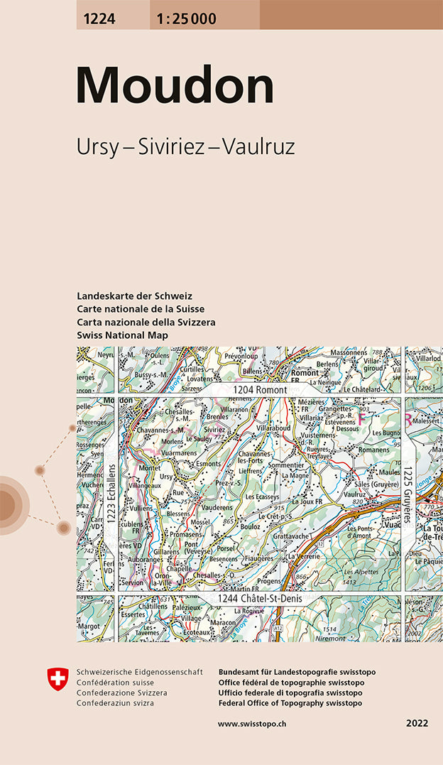 Carte de randonnée n° 1224 - Moudon (Suisse) | Swisstopo - 1/25 000 carte pliée Swisstopo 