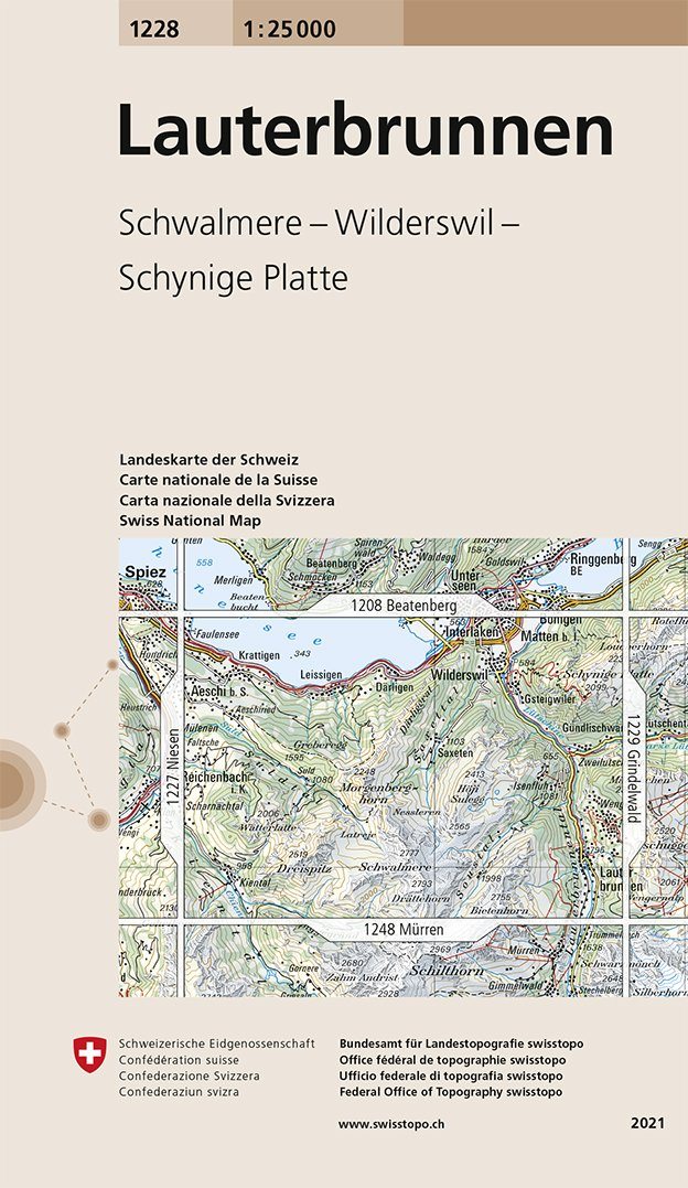 Carte de randonnée n° 1228 - Lauterbrunnen (Suisse) | Swisstopo - 1/25 000 carte pliée Swisstopo 