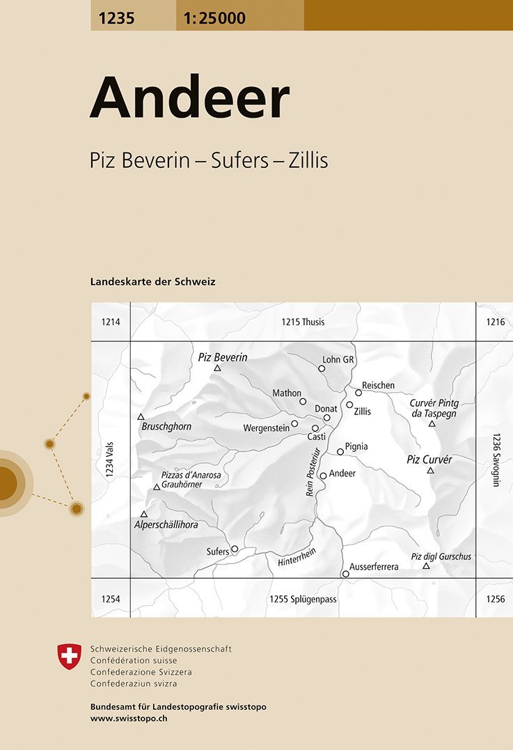 Carte de randonnée n° 1235 - Andeer (Suisse) | Swisstopo - 1/25 000 carte pliée Swisstopo 